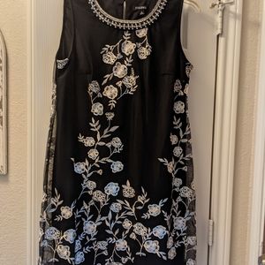 Dress, black, lined, floral overlay